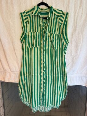 We The Free Green and Cream Striped Sleeveless Button-Down Dress